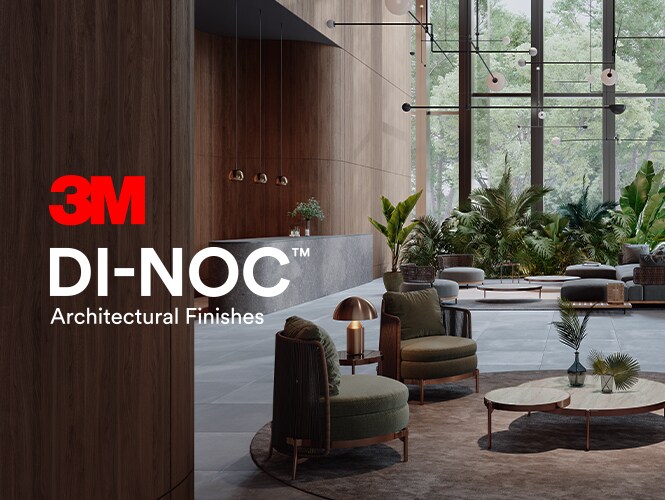 3M DI-NOC logosuyla 3M Duvar Kaplama kullanıldığını belirten modern, doğal otel lobisi.
